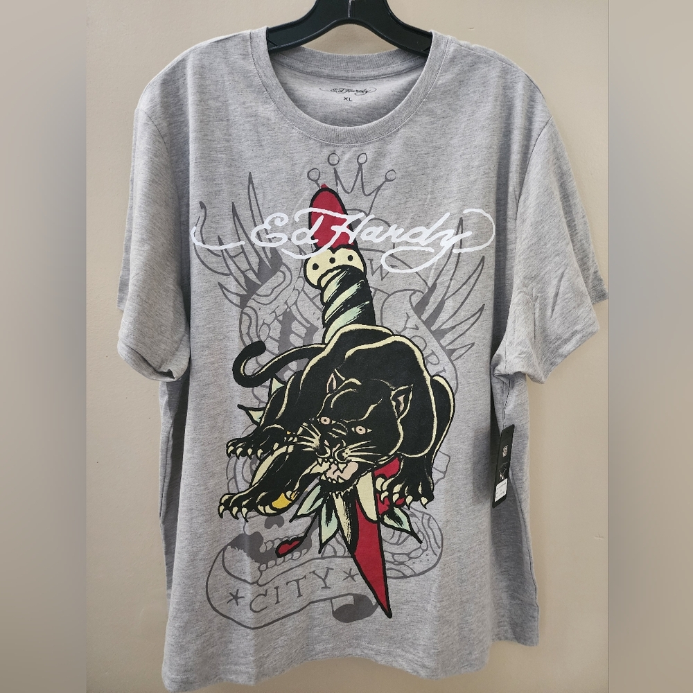 NWT Ed Hardy Crouching Panther Dagger Grey t-shirt Size XL
